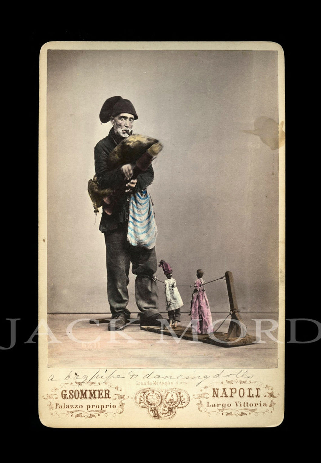 Tinted Photo Puppeteer with Dancing Black Puppets or Dolls / Rare Occupational