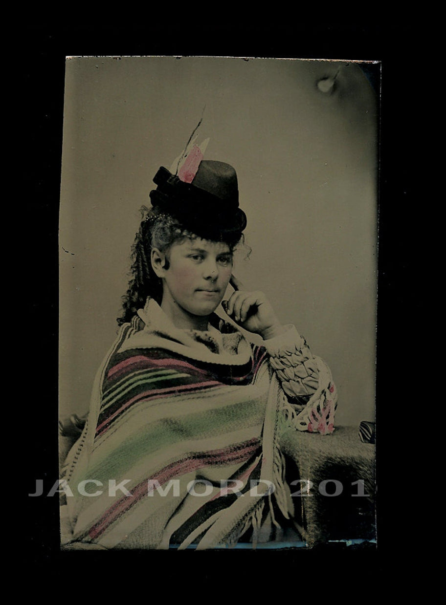 Antique Tintype Photo of Girl Wearing Hand Tinted Wrap & Color Feather in Hat