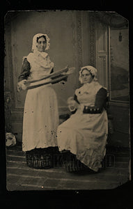 unusual antique tintype photo women winding yarn / occupational seamstresses?